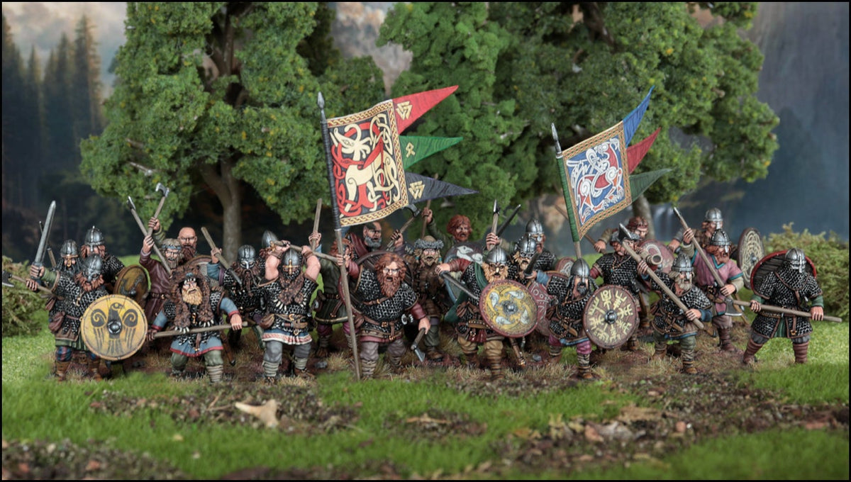 Large massed formation of painted Victrix 28mm Vikings forming a shield wall with raven banners 