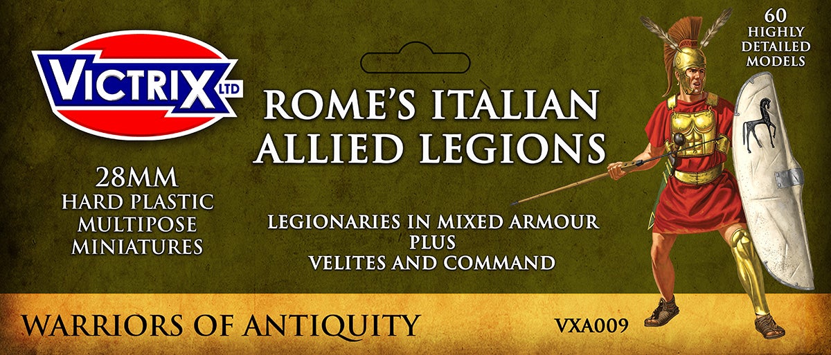 Victrix Limited 28mm Rome's Italian Allied Legions retail header card packaging art