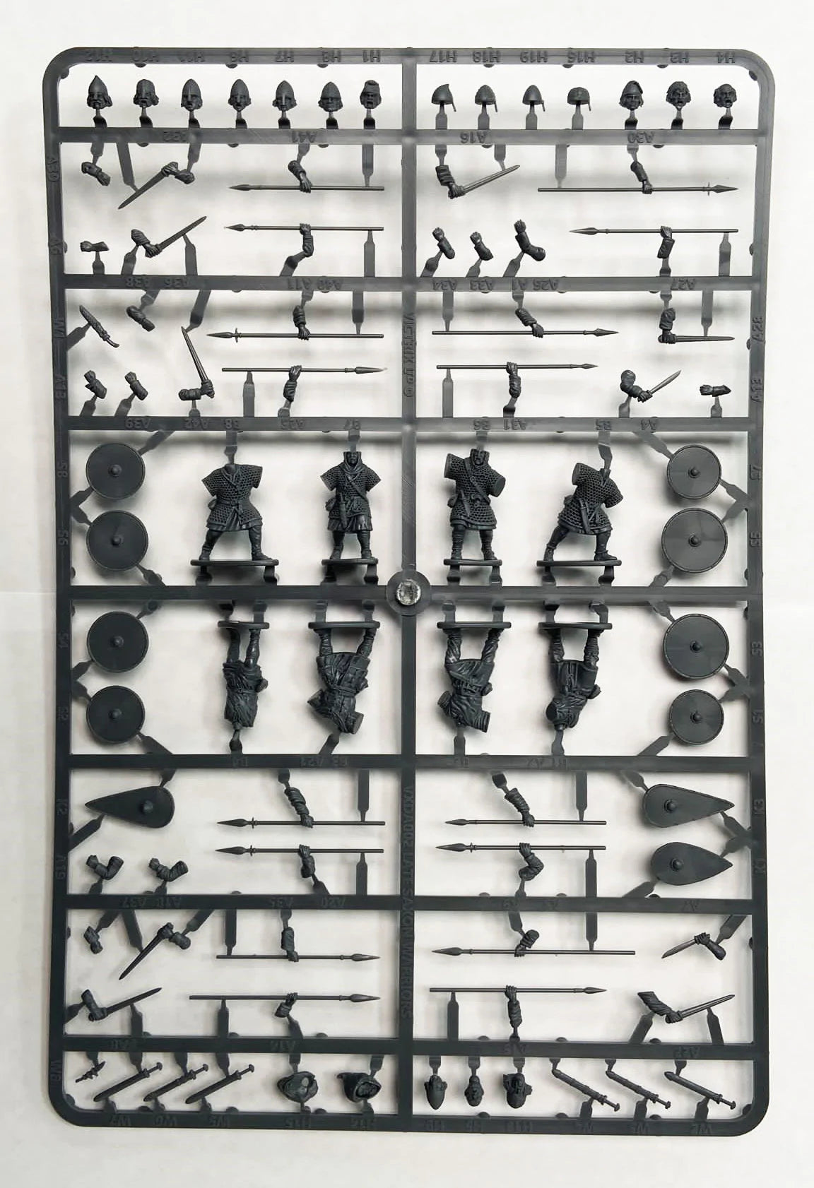 Victrix 28mm Late Saxon warrior frame plastic sprue showing modular bodies heads and spears