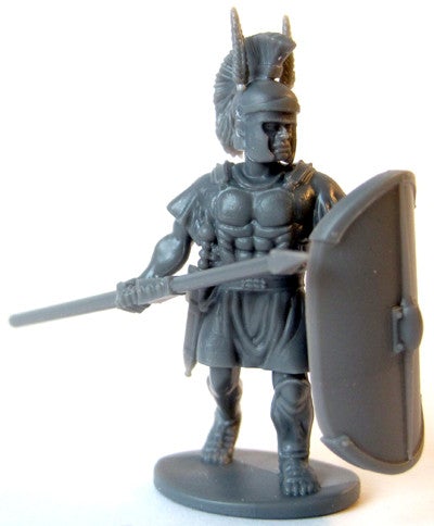 Unpainted gray plastic Victrix 28mm Italian allied legionary in muscled cuirass holding pilum and scutum
