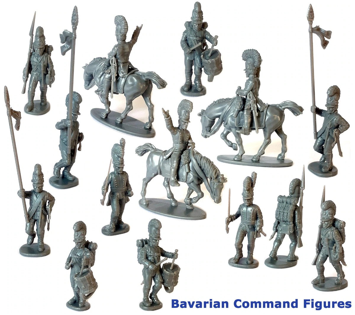 Unpainted gray plastic Victrix 28mm Bavarian command figures including mounted colonels drummer and officers