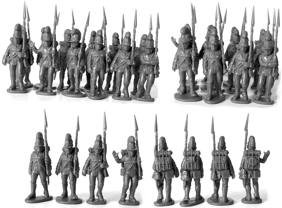 Unpainted gray plastic assembled ranks of Victrix 28mm Bavarian Line Infantry marching figures