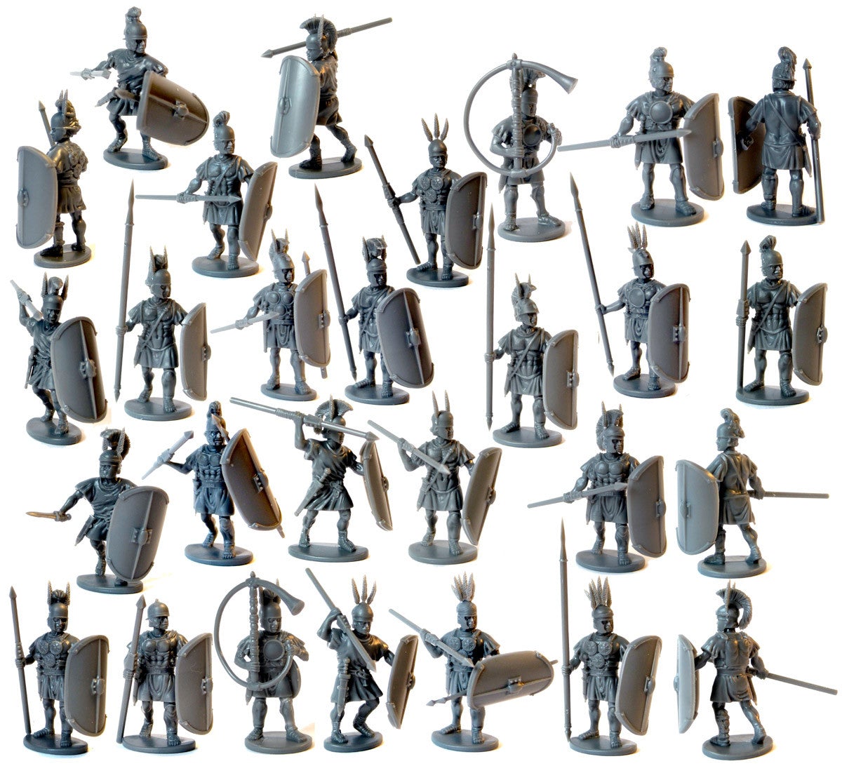 Twenty-four assembled unpainted gray plastic Victrix 28mm Italian allied legionaries showing diverse armor and poses