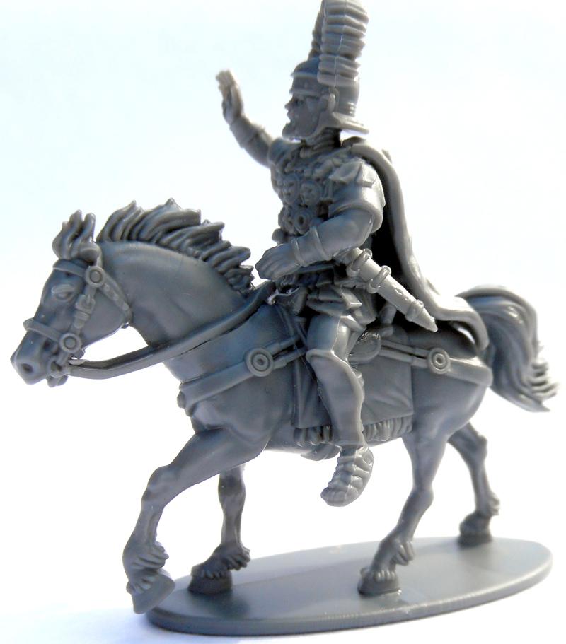 Early Imperial Roman Generals, Unpainted gray plastic Victrix 28mm mounted Senior Centurion with transverse helmet crest