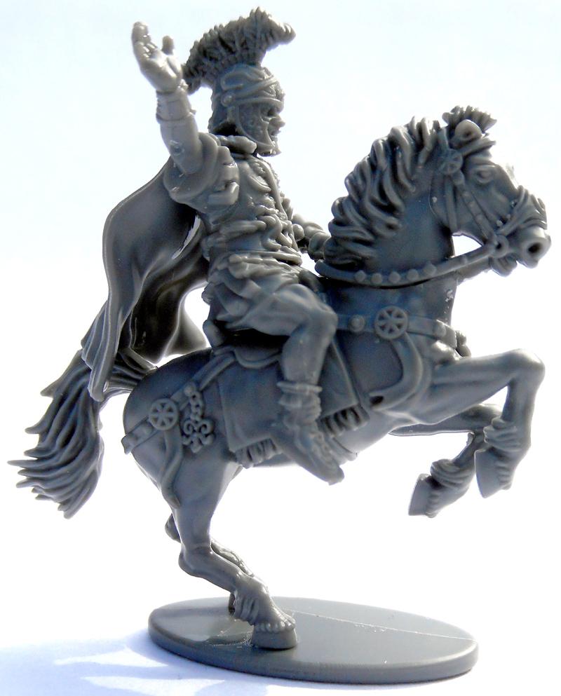 Early Imperial Roman Generals, Unpainted gray plastic Victrix 28mm Roman commander gesturing with raised arm on a rearing horse