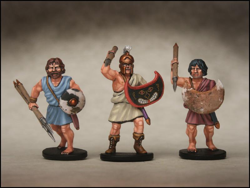 Close-up view of Victrix Greek Peltast figures in 28mm scale