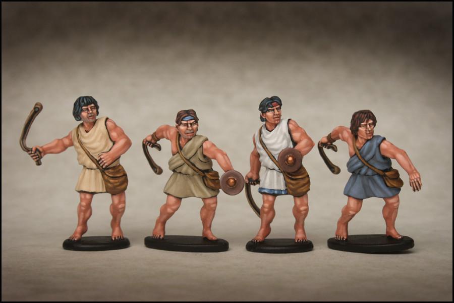 Close-up view of Victrix Greek Peltast slinger figures in 28mm scale