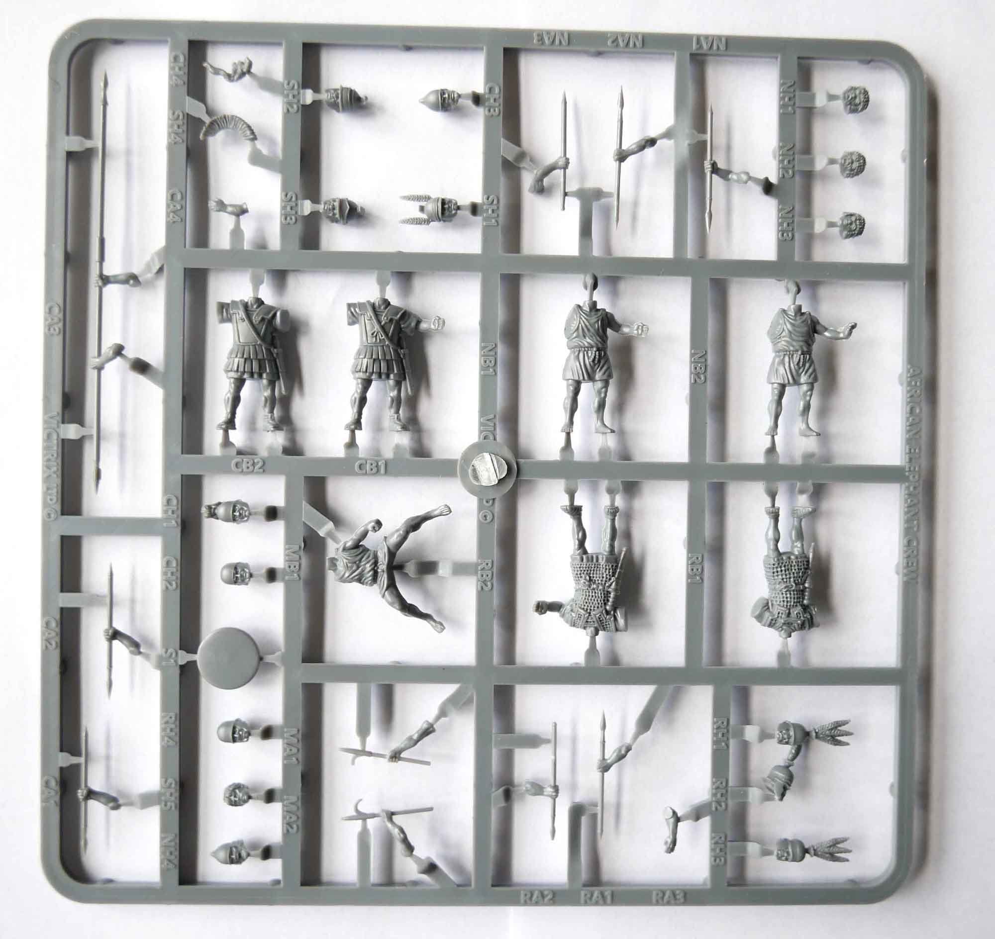 Detailed plastic sprue for Victrix 28mm elephant crews with multiple weapon options