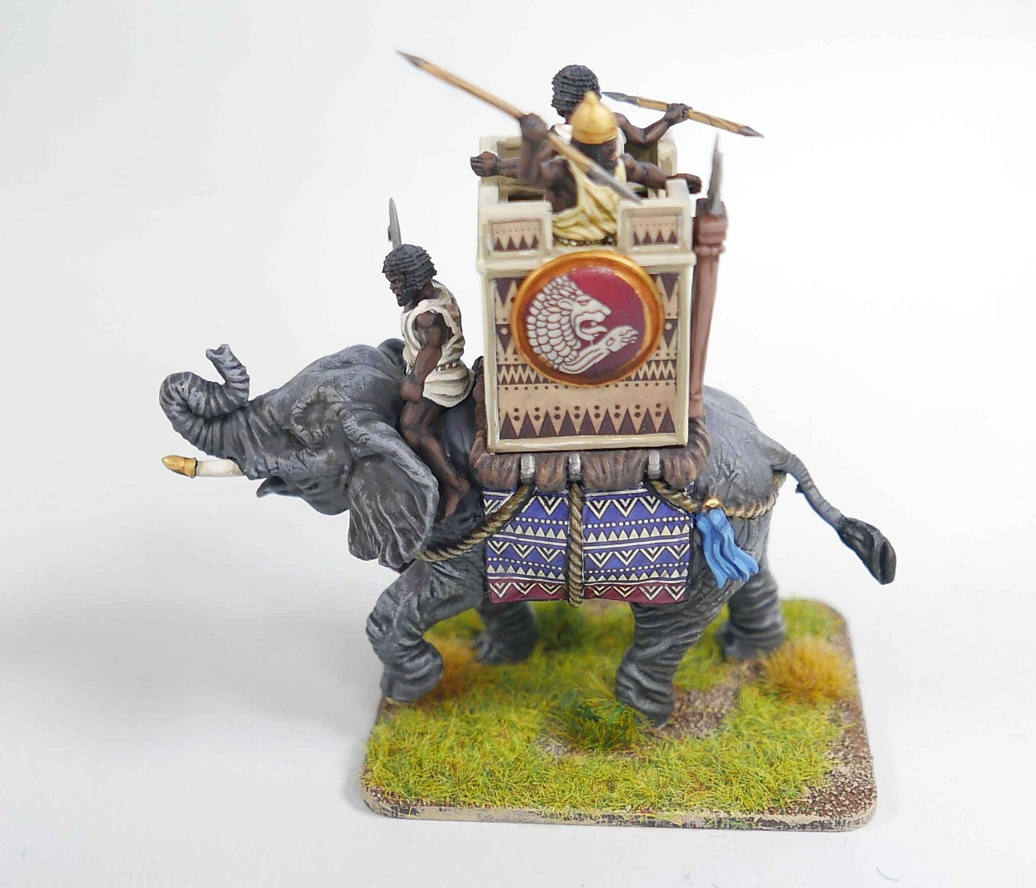 Painted Victrix 28mm African Elephant assembled with Ptolemaic crew and decorative shield