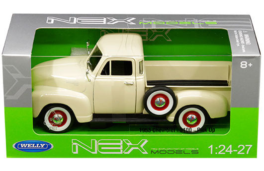 Welly 1/24 scale 1953 Chevrolet 3100 pick up truck in cream inside its green NEX Models window display box