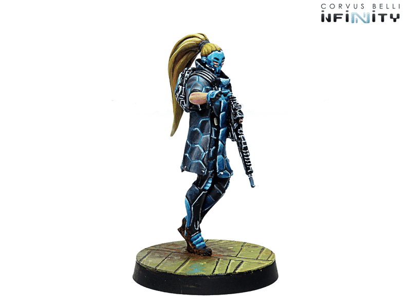 Infinity PanOceania Zulu-Cobra, Special Recon and Intervention Team (Hacker) Miniature Game Figures Side View